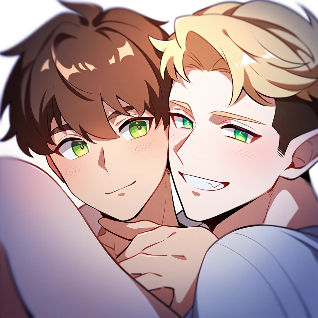 2 young men, focus man , Yaoi, pair,smile, human, short hair, reddish brown hair, Orange-green eyes, elf,golden hair, Undercut style, light green eyes , Fantasy, The best aesthetics , best quality, Amazing quality, The best aesthetics,Not wearing a shirt, naked, penis, have sex , naked, 25+