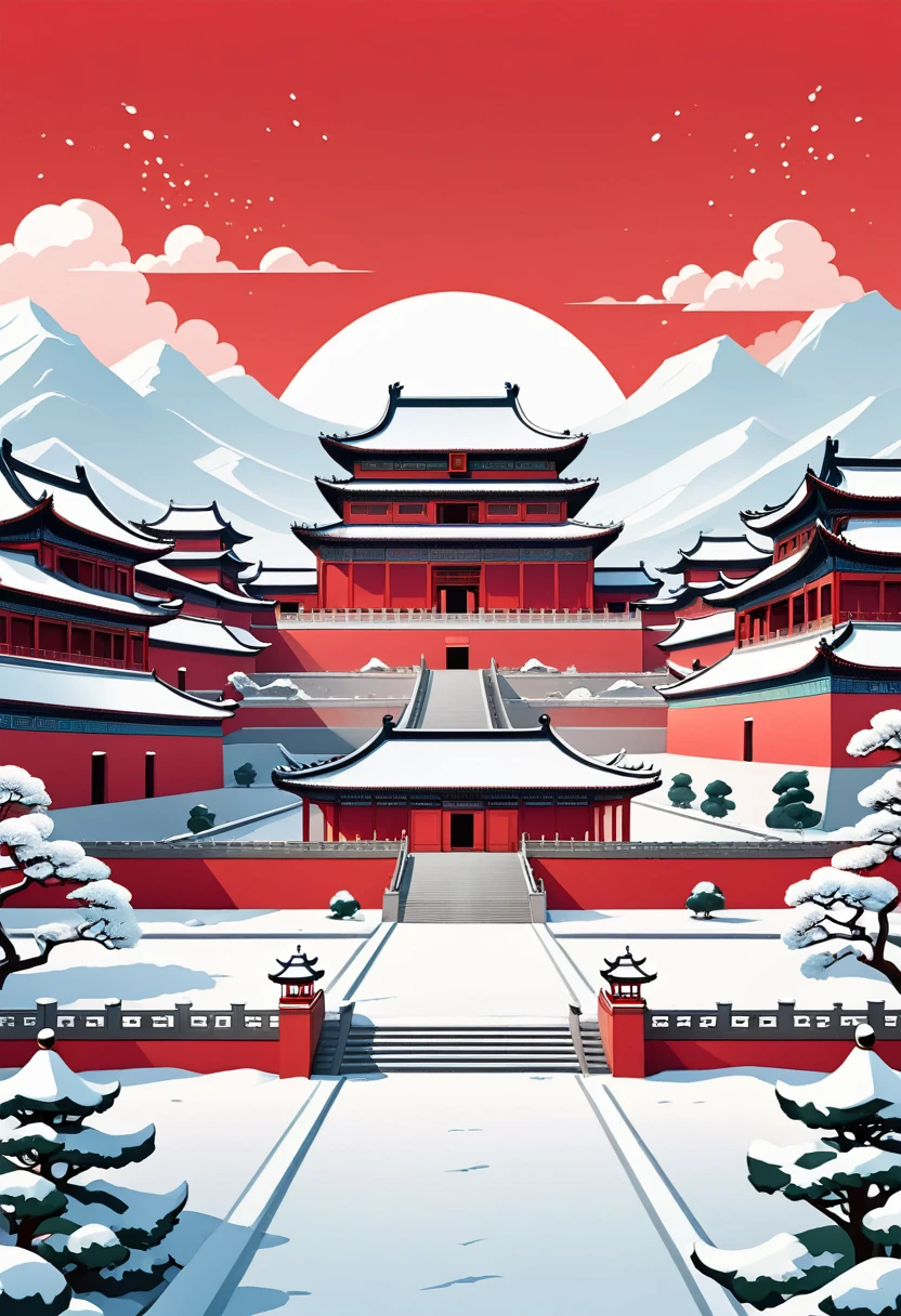 Geometric abstract landscape, Simple and flat, Vector Style, Digital Illustration, Distant Chinese buildings, palace, symmetry, snow, Red background, best quality, 4K, 8K, high resolution, masterpiece:1.2, Extremely detailed, 
