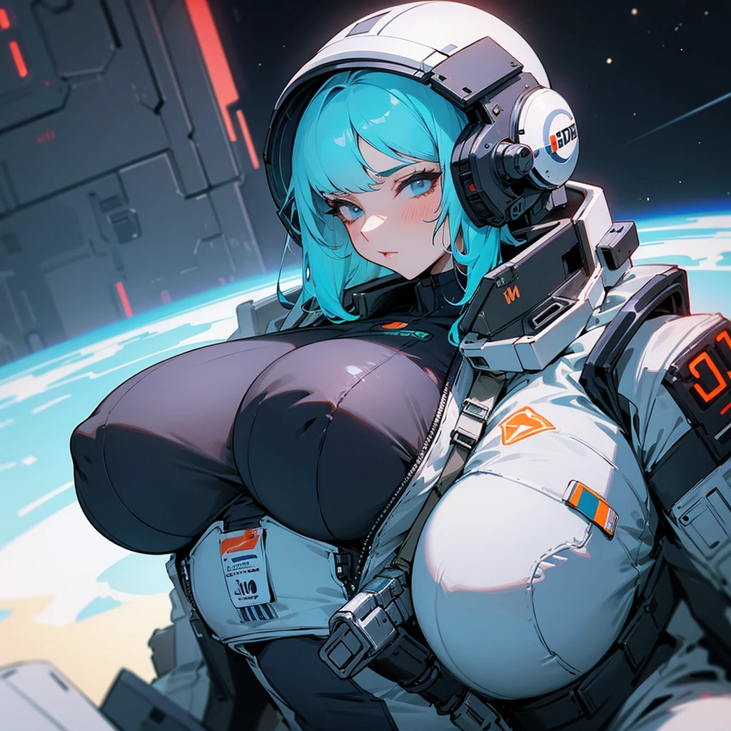 Girl with huge breasts with huge cleavage and a Cyberpunk style astronaut suit with a helmet in space