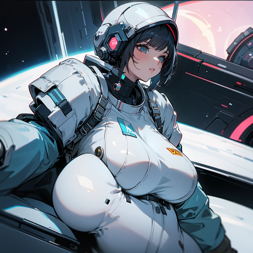 Girl with ???????????? with huge cleavage and a Cyberpunk style astronaut suit with a helmet in space 