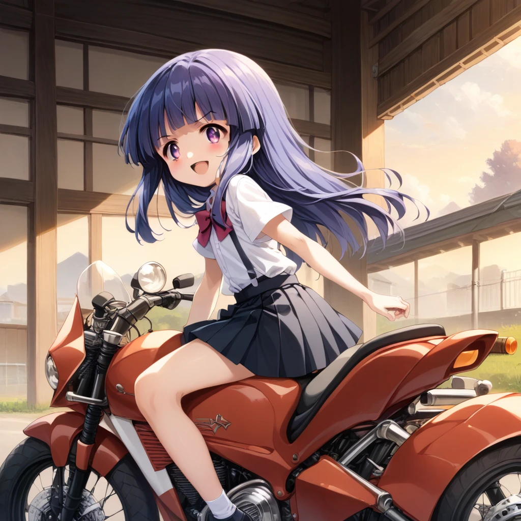 score_9, score_8_up, score_7_up, score_6_up, source_anime,,,,1girl, solo, furude rika, (tween:1), kawaii, blue hair, purple eyes, long hair, blunt bangs, bangs, bow, skirt, shirt, suspenders, smile, short sleeves, pleated skirt, white shirt, open mouth, red bow, ^_^, suspender skirt, , black skirt, collared shirt, blush, bowtie, blunt bangs, dress shirtt, , anime coloring.serious,(a girl riding a motorcycle at full speed:1.5),(from side,side view),Dutchangle,,(serious expression:1.5)、Gripping the handlebars