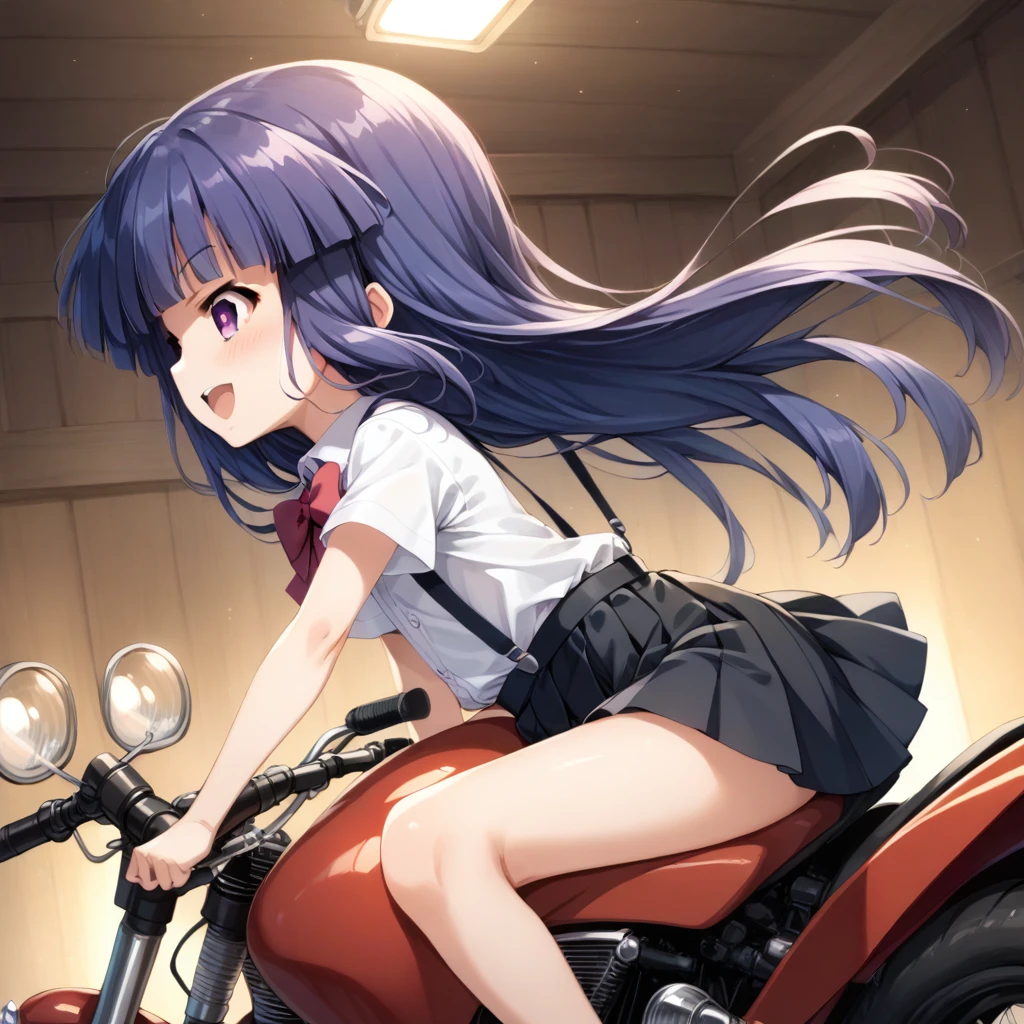 score_9, score_8_up, score_7_up, score_6_up, source_anime,,,,1girl, solo, furude rika, (tween:1), kawaii, blue hair, purple eyes, long hair, blunt bangs, bangs, bow, skirt, shirt, suspenders, smile, short sleeves, pleated skirt, white shirt, open mouth, red bow, ^_^, suspender skirt, , black skirt, collared shirt, blush, bowtie, blunt bangs, dress shirtt, ,  anime coloring.serious,(a girl riding a motorcycle at full speed:1.5),(from side,side view),Dutchangle,,(serious expression:1.5)、Gripping the handlebars