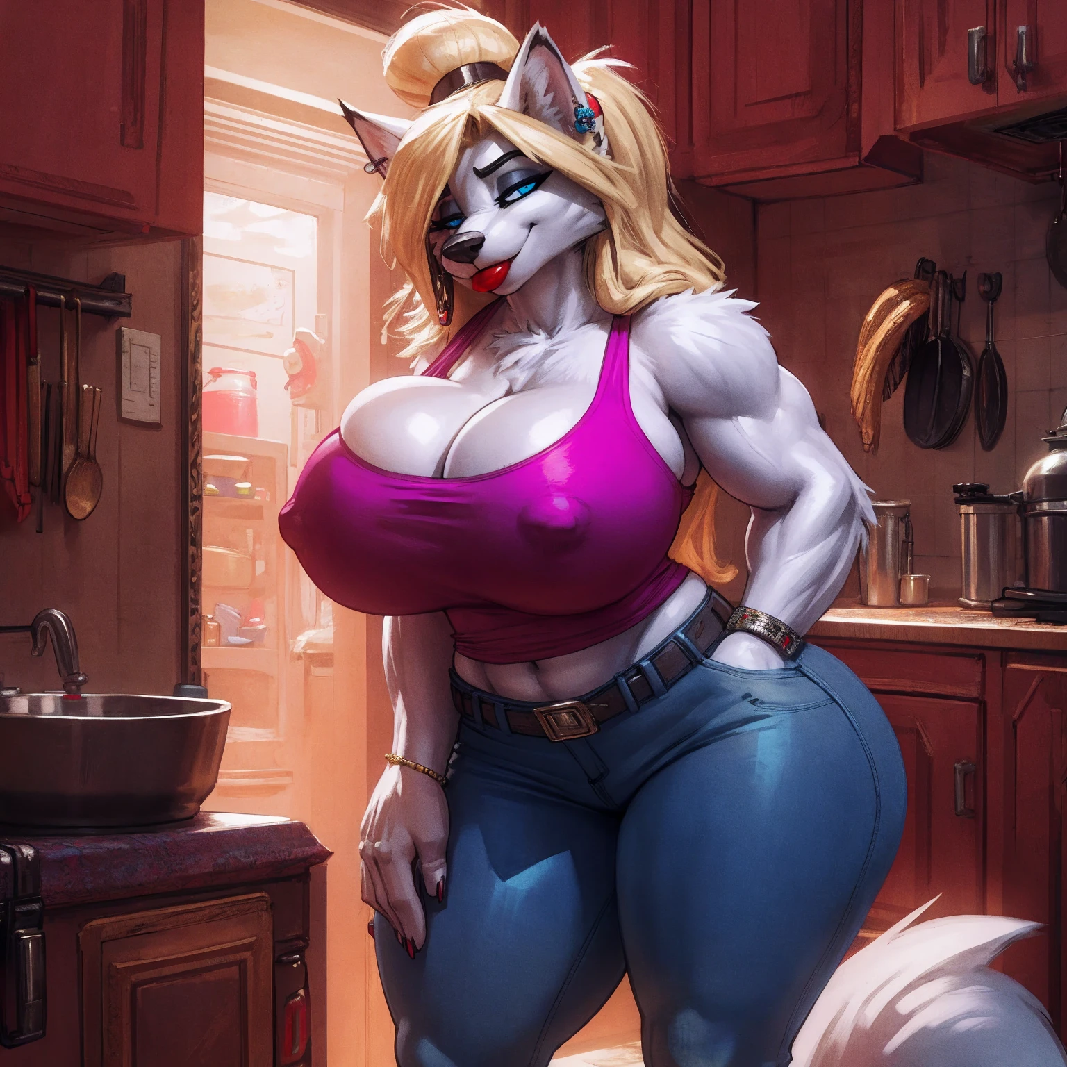 by darkgem, by bigdad, by sligarthetiger, by BNG, curvy, arctic fox, white fur, female, athletic figure, furry body, hyper hips, thick thighs, big arms, (huge breasts:1.1), heavy breasts, nipple outline, blue eyes, highly detailed eyes, blonde hair, long hair, hair bun, milf, tank top, bare midriff, cleavage, large areolae, long snout, big bottom lip, red lipstick, (low jeans:1.4), bare midriff, visible thong straps, Masterpiece, best quality, absurd res, highly detailed, cleanly drawn eyes, anthro only, kitchen environment, motherly smile, standing upright, trailer trash,
