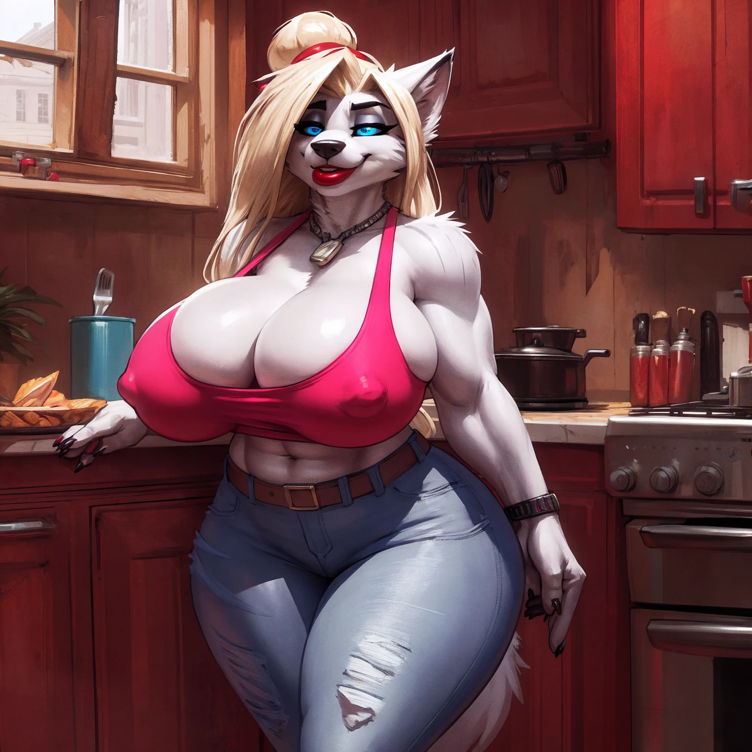 by darkgem, by bigdad, by sligarthetiger, by BNG, curvy, arctic fox, white fur, female, athletic figure, furry body, hyper hips, thick thighs, big arms, (huge breasts:1.1), heavy breasts, nipple outline, blue eyes, highly detailed eyes, blonde hair, long hair, hair bun, milf, tank top, bare midriff, cleavage, large areolae, long snout, big bottom lip, red lipstick, (low jeans:1.4), bare midriff, visible thong straps, Masterpiece, best quality, absurd res, highly detailed, cleanly drawn eyes, anthro only, kitchen environment, motherly smile, standing upright, trailer trash,
