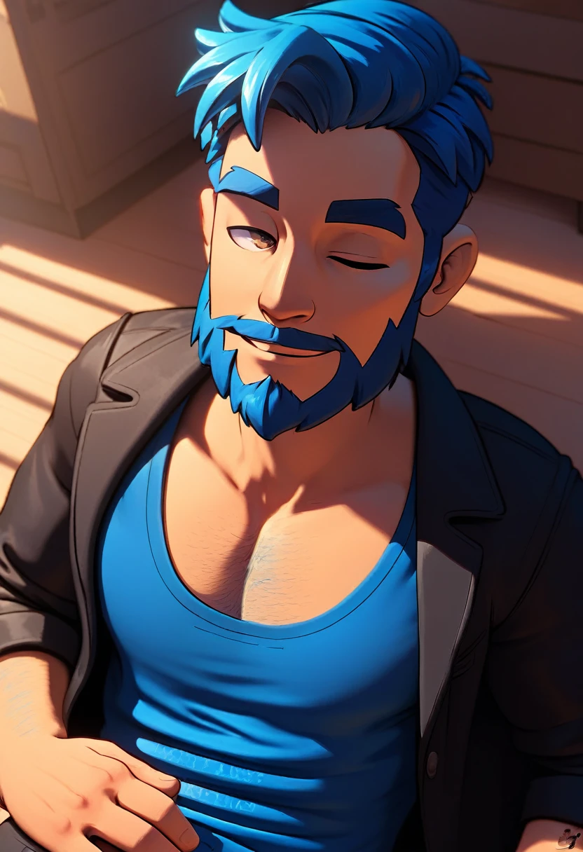 (resting on fruits) (Best Quality, 4k, 8k, high resolution, Masterpiece: 1.2), ultra detailed, Male portrait, very detailed face, detailed facial features, spectacular lighting, close-up, from above, anatomically correct, super detail, full blue beard and short blue hair, smile, wink, hairy chest, regular fit brown, open black jacket with blue sports shirt.