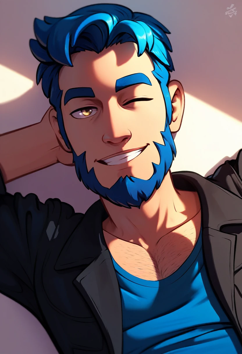 (resting on fruits) (Best Quality, 4k, 8k, high resolution, Masterpiece: 1.2), ultra detailed, Male portrait, very detailed face, detailed facial features, spectacular lighting, close-up, from above, anatomically correct, super detail, full blue beard and short blue hair, smile, wink, hairy chest, regular fit brown, open black jacket with blue sports shirt.