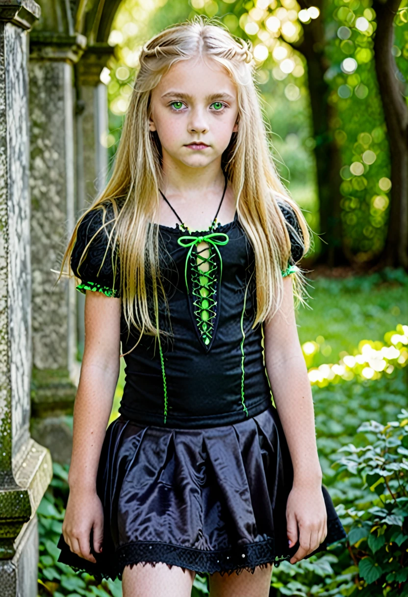 A  with long blonde hair and green eyes, Alone showing off in a Gothic-style photo, in  with mini skirt.