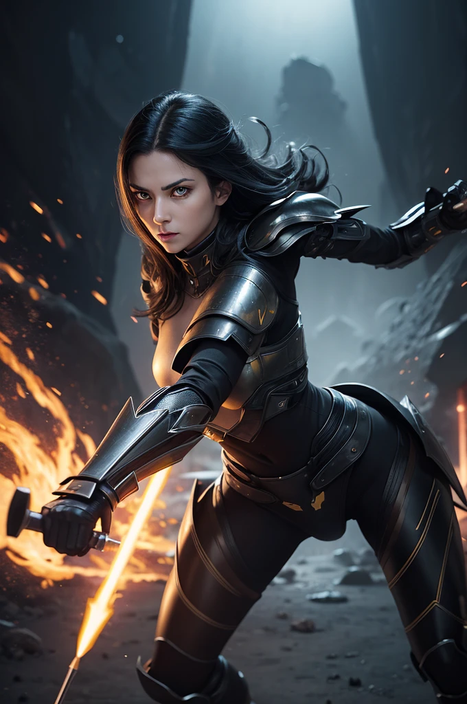 A woman with yellow eyes, dressed in a jet black futuristic mystical armour, wielding a spear, fighting in space.