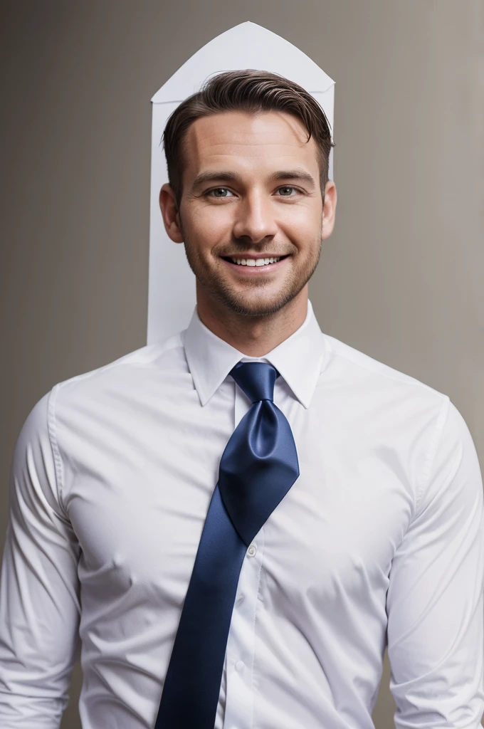 smiling man in white shirt and tie holding a blank sign, professional profile picture, smiling male, headshot profile picture, smiling man, reddit post, wearing a shirt with a tie, profile picture, professional profile photo, ryan dening, man in his 30s, promo image, professional picture, solid background, official product photo, headshot, he is smiling