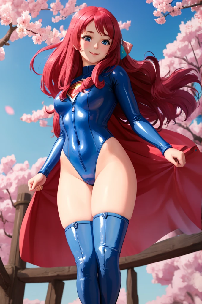 masterpiece, best quality:1.2), 1girl, smile, looking at viewer, blue eyes, sakura minamoto, hair bow, ahoge, dressed as superwoman, full bodysuit, blue catsuit, boots, red cloak cape, standing under cherry blossoms