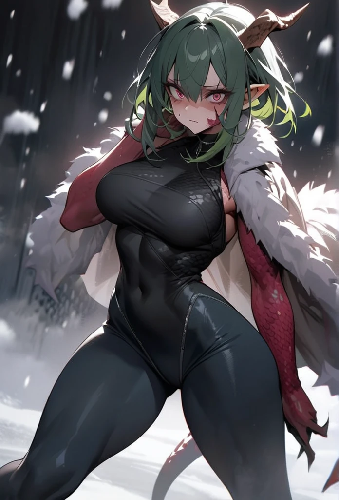 (High resolution, best quality, masterpiece), detailed, ultra detail, 1female, physically fit, curvy, slender body, fierce expression, dark eyes, (detailed eyes), green hair, short length hair, full body, ((dragon horns)), ((face: dragon scales)), face covered in scales, ((topwear: fur lined coat, bottomwear: tight jeans)), snow background, part draconic, somber expression, inhuman, reptilian skin