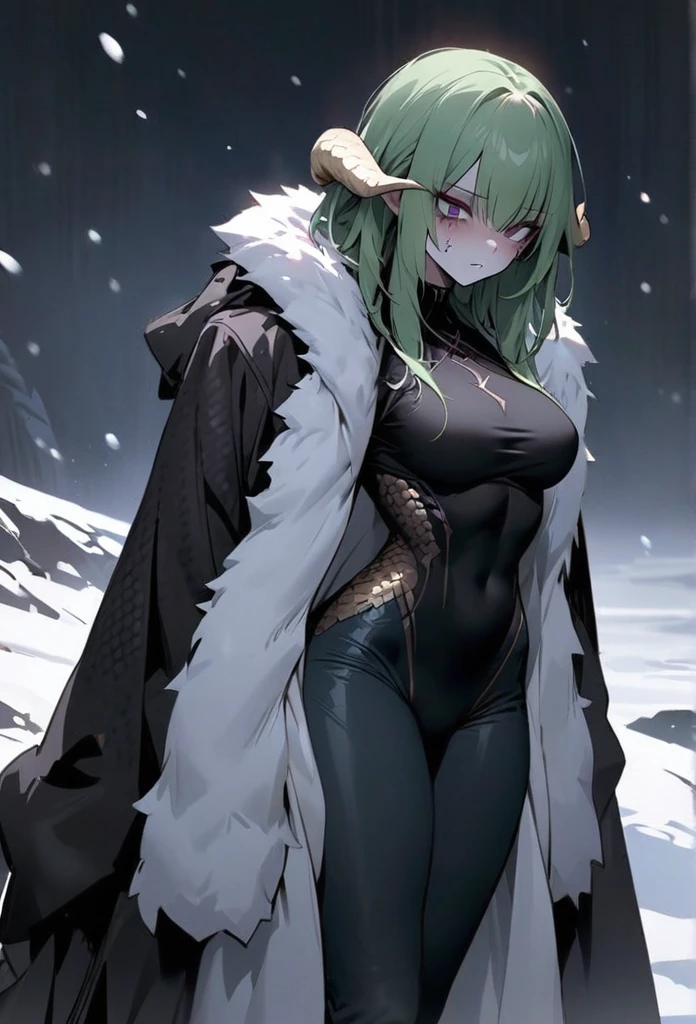(High resolution, best quality, masterpiece), detailed, ultra detail, 1female, physically fit, curvy, slender body, fierce expression, dark eyes, (detailed eyes), green hair, short length hair, full body, ((dragon horns)), ((face: dragon scales)), face covered in scales, ((topwear: fur lined coat, bottomwear: tight jeans)), snow background, part draconic, somber expression, inhuman, reptilian skin