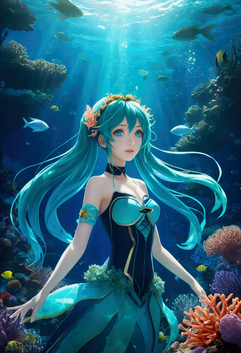 ​masterpiece,top-quality,Big underwater Miku Hatsune,Deep sea scenery,Beautiful detailed eyes,Ultra-detailed skin,Floating seaweed,dreamy colors,Soft lighting,hight resolution,nffsw,Ethereal scene in the water,Marine life,Mysterious atmosphere,Tranquility and peace,Underwater coral reefs,Sunlight penetrating the surface of the water,Onylic Landscape,Dreamy underwater journey,Bright blue tones,Magical creatures,peaceful expression