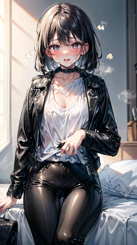 (Best quality, 8k, 32k, Masterpiece, UHD,:1.2),RAW, 1girl,ultra cute , natural lighting,transparent shining eyes, 20yo ,fair complexion, (ecstasy:0.8) ,(slut:0.8), (vulgarity:0.8), (fucked silly:0.8),(steam:0.8),(trembling:1.3)),((leather jacket, mini leather pants,)),,