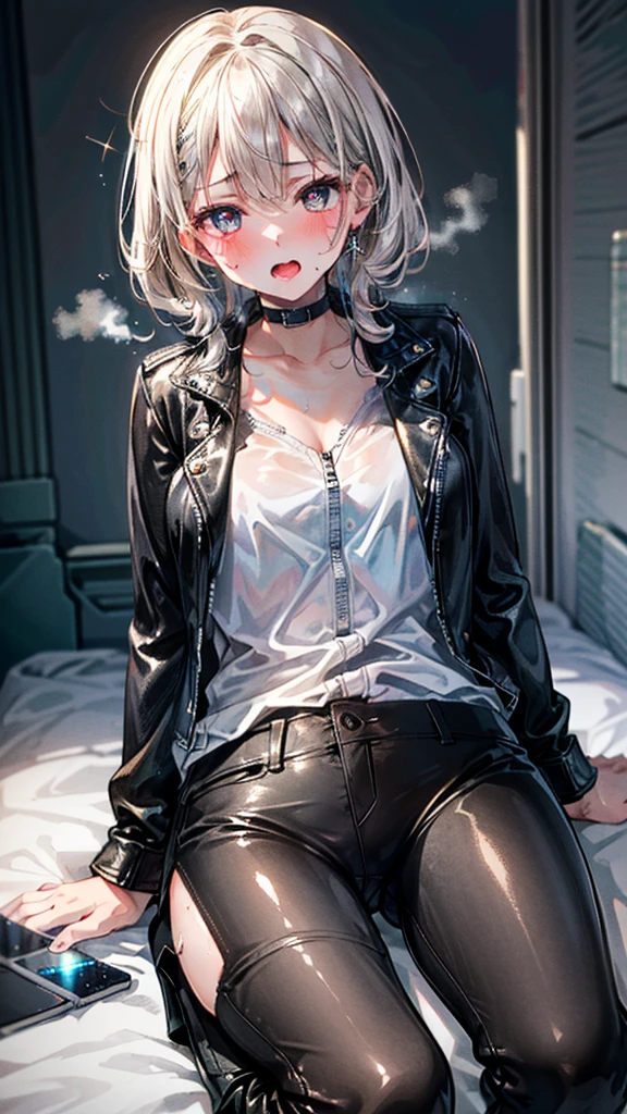 (Best quality, 8k, 32k, Masterpiece, UHD,:1.2),RAW, 1girl,ultra cute , natural lighting,transparent shining eyes, 20yo ,fair complexion, (ecstasy:0.8) ,(slut:0.8), (vulgarity:0.8), (fucked silly:0.8),(steam:0.8),(trembling:1.3)),((leather jacket, mini leather pants,)),,