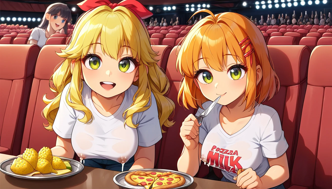 ((2girls:1.3)), ((tshirt:1.3)), ((movie theatre:1.3)), ((curious:1.3)), ((food tray:1.3)), ((pineapple pizza:1.4)), ((fork and knife:1.3)), ((milk:1.3)), ((moe style:1.3)), ((perfect face)), ((extremely cute:1.3)), ((masterpiece:1.3)), ((8k)), ((best quality:1.3)), ((beautiful)), ((extremely detailed:1.3)) , ((absurdres)), AddXL, ((score_9:1.3)), ((score_8_up:1.3)), ((score_7_up:1.3)), Expressiveh