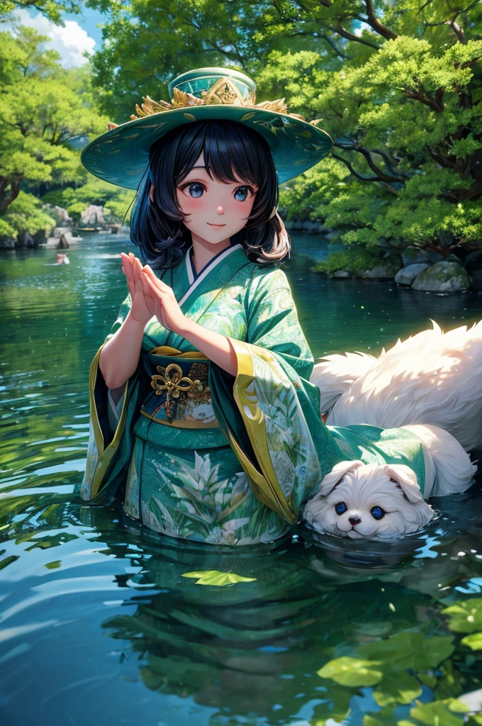 A Japanese girl holding a cute fluffy puppy with her hands standing in water and surrounded by water and full of green trees, detailed girl, detailed face, detailed dress, detailed trees, detailed water, detailed hat, detailed shadows, best quality, highly detailed, masterpiece, 8k scene.