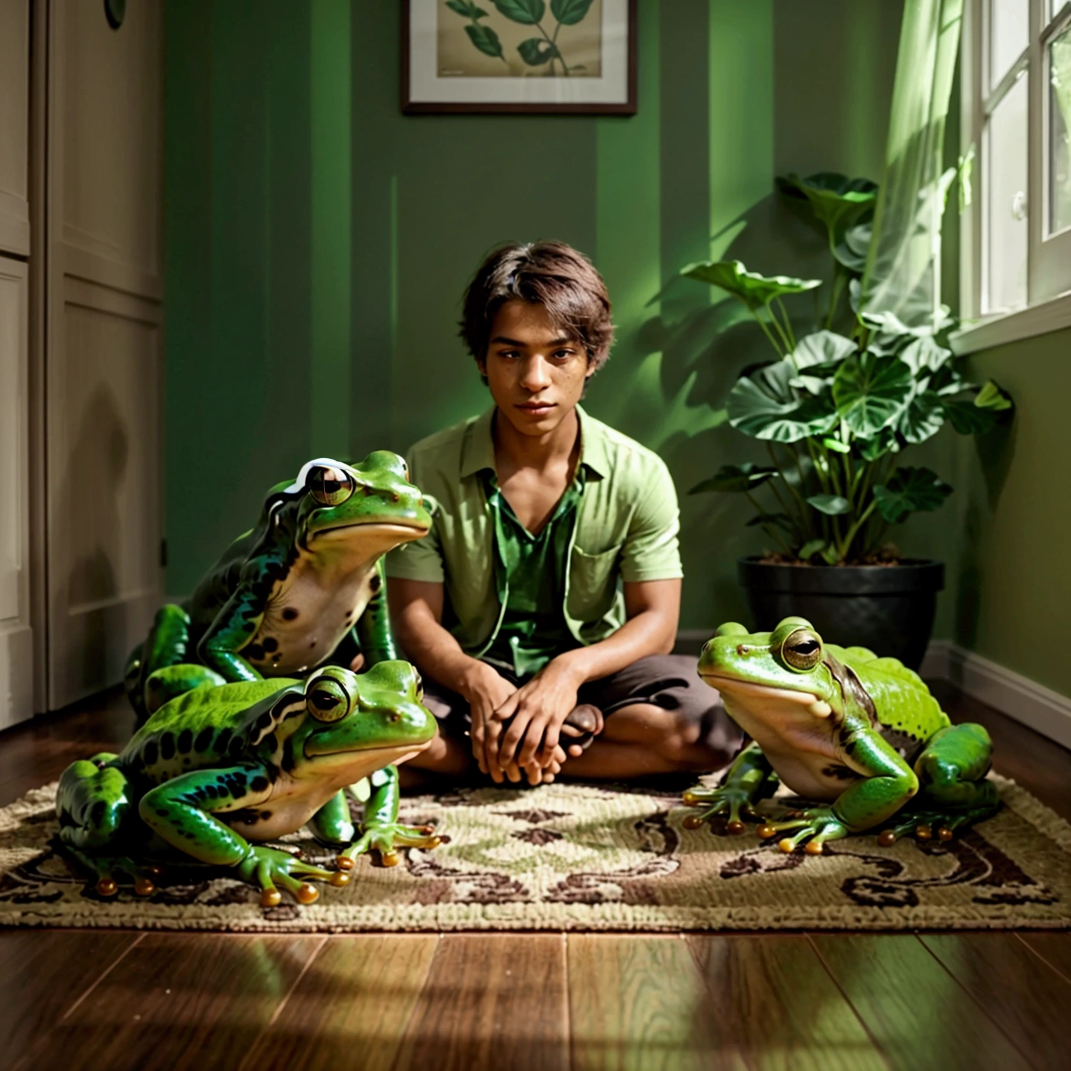 A young man in the corner of a room with a smooth dark green wall and a brown floor with carpet, with no objects. He wears short and modern clothes. Around the person, there are four frogs: a green frog further away, two black frogs, and a green frog. The composition creates an ethereal and surreal atmosphere.