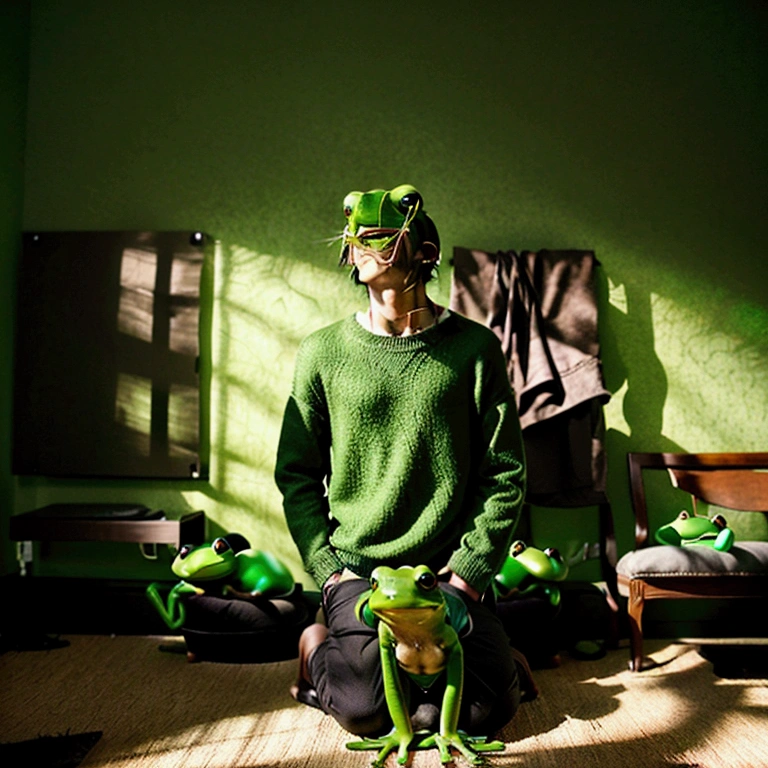 A young man in the corner of a room with a smooth dark green wall and a brown floor with carpet, with no objects. He wears short and modern clothes. Around the person, there are four frogs: a green frog further away, two black frogs, and a green frog. The composition creates an ethereal and surreal atmosphere.