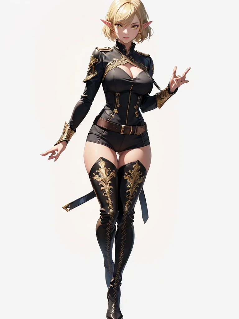 ((1girl, solo)), (full body:1.5), dark elf, dark-skinned female, (((pointy ears))), beautiful body, (perfect anatomy, perfect body, perfect hands, perfect legs), (five fingers:1.5), natural proportions, sexy body, large breasts, cowboy shot, hand on hip BREAK
((extremely detailed face)), (beautiful detailed eyes:1.6), (realistic pupils, realistic iris:1), expressive eyes, looking at viewer, (clear eyes:1.3), (hyperrealistic:1.2), (detailed skin texture:1.2), smooth skin, (yellow eyes:1.5), (blonde hair:1.5), (short hair:1.3), bangs, (detailed lips:1.2), (attractive lips:1.1), (glossy lips:1.1), (smile), parted lips, perfect face, perfect eyes BREAK
((black shirt)), long sleeves, (((white sleeves))), (skin tight:1.5), gold trimmed, fingerless gloves, black shorts, short shorts, belt, thighs, ass visible through thighs, black footwear, (thigh boots:1.5) BREAK
(masterpiece:1.5), anime-style, top quality, best quality, (beautiful and aesthetic:1.2), (ultra detail:1.5), Ultra-detailed depiction, Ultra-precise depiction, extremely detailed 8k illustration, high resolution, (highly detailed shading:1.2), (realistic lighting:1.4), perfect lighting, vibrant colors, dynamic tones, striking hues, 8k, absurd resolution, perfect shadows, hdr, UHD, ambient lighting, realistic, ultra-realistic, photo realistic, highly detailed, rich detail, luminous colors, fine texture, intricate design, professional illustration, (soft light:1.2), (illustration:0.7)