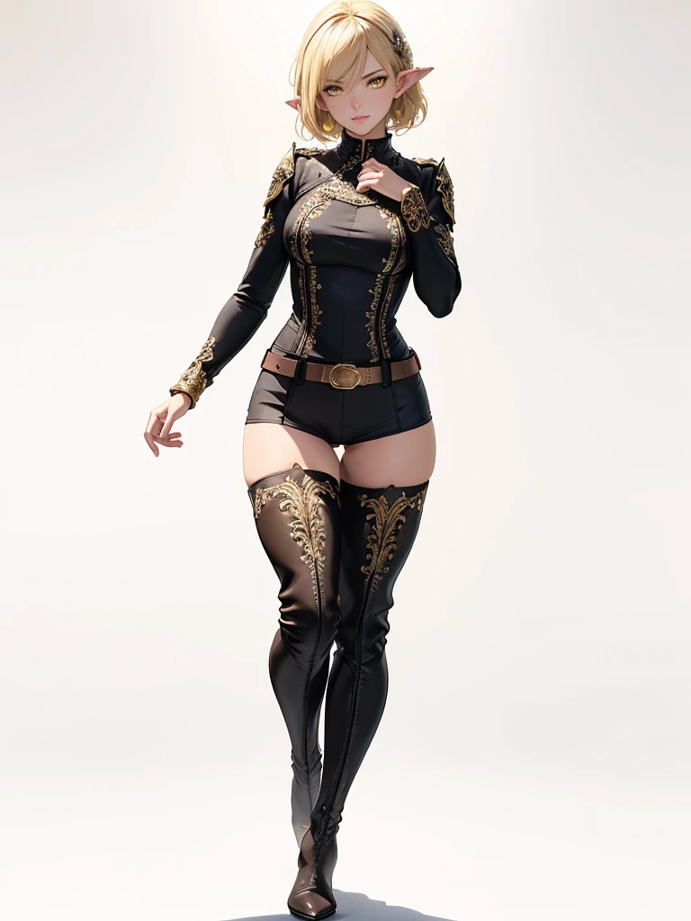 ((1girl, solo)), (full body:1.5), dark elf, dark-skinned female, (((pointy ears))), beautiful body, (perfect ???????, perfect body, perfect hands, perfect legs), (five fingers:1.5), natural proportions, sexy body, large breasts, cowboy shot, hand on hip BREAK 

((extremely detailed face)), (beautiful detailed eyes:1.6), (realistic pupils, realistic iris:1), expressive eyes, looking at viewer, (clear eyes:1.3), (hyperrealistic:1.2), (detailed skin texture:1.2), smooth skin, (yellow eyes:1.5), (blonde hair:1.5), (short hair:1.3), bangs, (detailed lips:1.2), (attractive lips:1.1), (glossy lips:1.1), (smile), parted lips, perfect face, perfect eyes BREAK

((black shirt)), long sleeves, (((white sleeves))), (skin tight:1.5), gold trimmed, fingerless gloves, black shorts, short shorts, belt, thighs, ass visible through thighs, black footwear, (thigh boots:1.5) BREAK

(masterpiece:1.5), anime-style, top quality, best quality, (beautiful and aesthetic:1.2), (ultra detail:1.5), Ultra-detailed depiction, Ultra-precise depiction, extremely detailed 8k illustration, high resolution, (highly detailed shading:1.2), (realistic lighting:1.4), perfect lighting, vibrant colors, dynamic tones, striking hues, 8k, absurd resolution, perfect shadows, hdr, UHD, ambient lighting, realistic, ultra-realistic, photo realistic, highly detailed, rich detail, luminous colors, fine texture, intricate design, professional illustration, (soft light:1.2), (illustration:0.7)