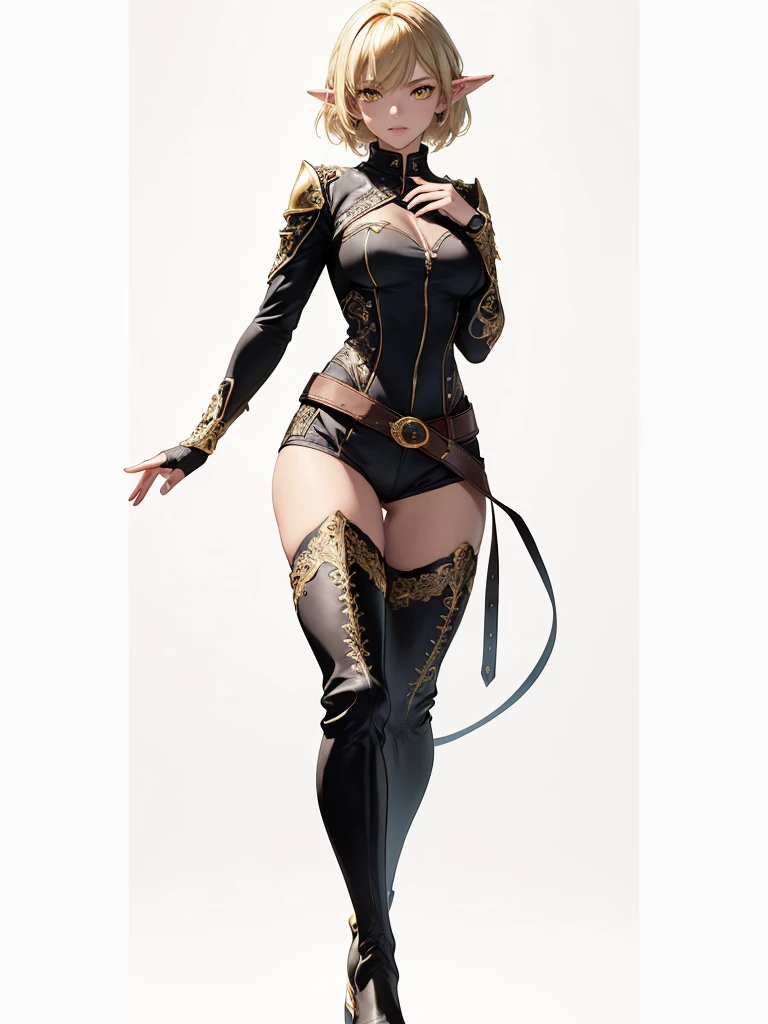 ((1girl, solo)), (full body:1.5), dark elf, dark-skinned female, (((pointy ears))), beautiful body, (perfect ???????, perfect body, perfect hands, perfect legs), (five fingers:1.5), natural proportions, sexy body, large breasts, cowboy shot, hand on hip BREAK
((extremely detailed face)), (beautiful detailed eyes:1.6), (realistic pupils, realistic iris:1), expressive eyes, looking at viewer, (clear eyes:1.3), (hyperrealistic:1.2), (detailed skin texture:1.2), smooth skin, (yellow eyes:1.5), (blonde hair:1.5), (short hair:1.3), bangs, (detailed lips:1.2), (attractive lips:1.1), (glossy lips:1.1), (smile), parted lips, perfect face, perfect eyes BREAK
((black shirt)), long sleeves, (((white sleeves))), (skin tight:1.5), gold trimmed, fingerless gloves, black shorts, short shorts, belt, thighs, ass visible through thighs, black footwear, (thigh boots:1.5) BREAK
(masterpiece:1.5), anime-style, top quality, best quality, (beautiful and aesthetic:1.2), (ultra detail:1.5), Ultra-detailed depiction, Ultra-precise depiction, extremely detailed 8k illustration, high resolution, (highly detailed shading:1.2), (realistic lighting:1.4), perfect lighting, vibrant colors, dynamic tones, striking hues, 8k, absurd resolution, perfect shadows, hdr, UHD, ambient lighting, realistic, ultra-realistic, photo realistic, highly detailed, rich detail, luminous colors, fine texture, intricate design, professional illustration, (soft light:1.2), (illustration:0.7)