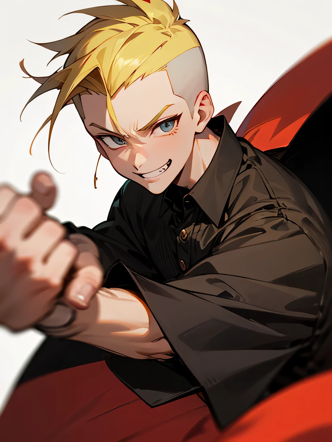 solo,upperbody,looking at viewer,1boy,blonde soft Mohawk haircut ,buzz cut,no bangs,big forehead,male's eyes, male's nose, male's mouth,handsome face, manly, grin,black plaids pattern clothe,fighting stance,white simple background