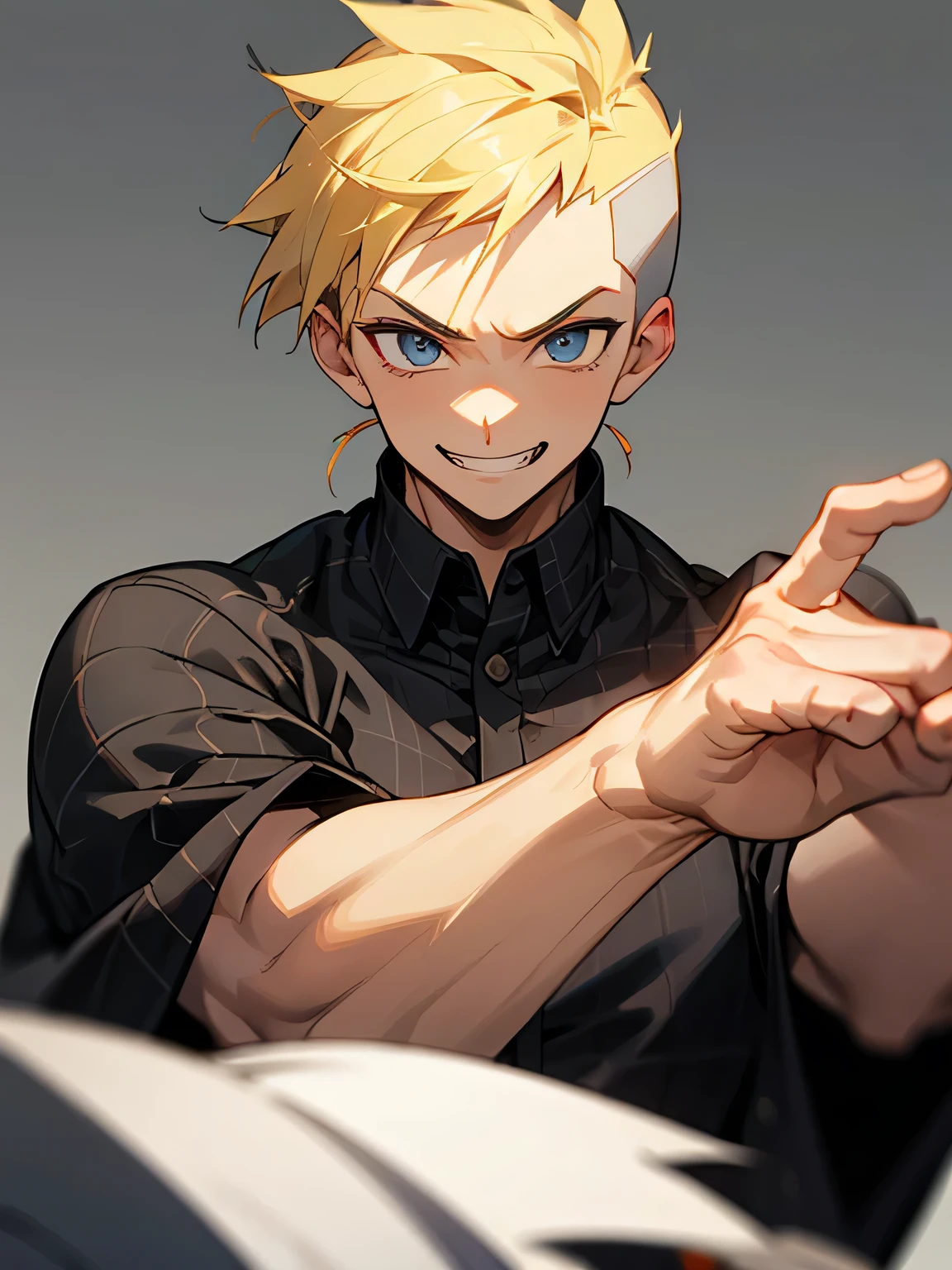 solo,upperbody,looking at viewer,1boy,blonde soft Mohawk haircut ,buzz cut,no bangs,big forehead,male's eyes, male's nose, male's mouth,handsome face, manly, grin,black plaids pattern clothe,fighting stance,white simple background