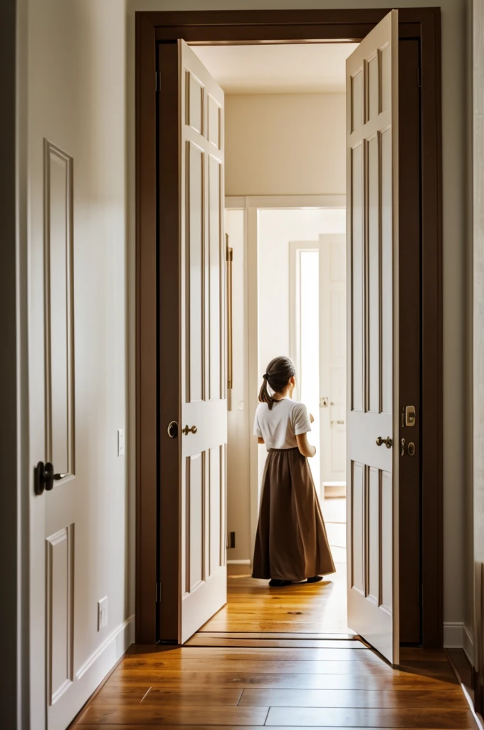 Person leaving a house outside through the door