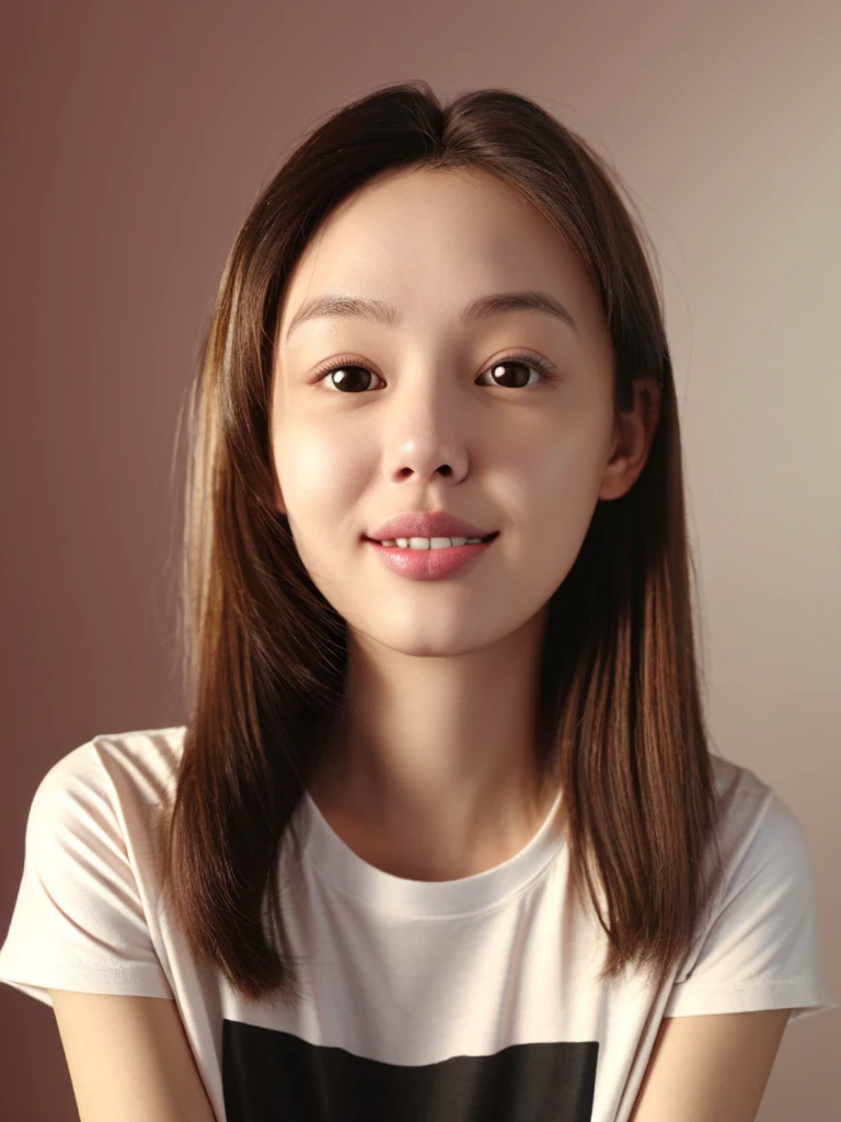 depict a girl, depict her realistically in 3D. Big head. A 23 year old girl from Korea. Beautiful face. Oval face shape. Big nose. Oblong chin. The eyes are slightly round. Fair skin. Slight smile. Pink lips. Black hair, slightly brownish. Wearing a t-shirt. Body position is clearly visible. Bedroom background. Use soft photography lighting with a hair lamp. Edge light. and top lights. Photos with very high detail.