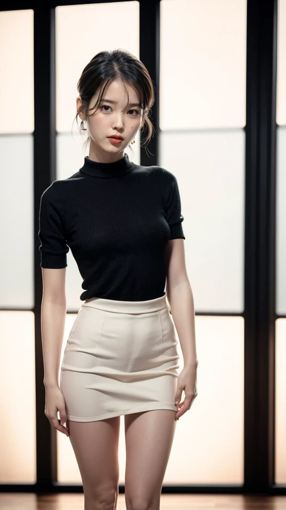 Lee Ji Eun (Best quality, 8k, 32k, Masterpiece, UHD:1.2), ((Composition from head to thighs:1.5)), ((backwards:1.8, Point your small tiny butt at the camera:0.8, Japanese-style room at the ryokan:1.8)), ((office suit and pencil skirt:1.8)), (smile:1.5), erect nipples, 1 girl, solo, 18-year-old, 7 head and body, Ideal flat ratio body proportions, black hair, With bangs, small breasts, slender, small butt, beautiful feet, skinny legs, Surrealism, cinematic lighting, Depth of bounds written, first person perspective, Breasts F/1.8, 135mm, ticker, muste piece, curate, ((anatomically correct:1.3)), textured skin, super detail, high details, high quality, Awards, best quality, High resolution, 8K