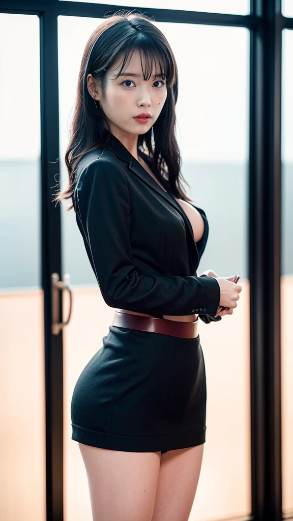 ((best quality)), ((masterpiece)), (detailed), (photorealistic:1.4), best quality, masterpiece, ultra high res, 1girl, (detailed face:1.2), (detailed eyes:1.2), (detailed hair:1.2), (detailed clothes:1.2), 4k, (detailed color:1.2), perfect face, beautiful body, pretty face, teenager female, perfect body, Ultra-high detail, Photorealism, Intimate atmosphere, flowing light, black straight hair, ponytail, glasses, wear a black coat, black skirt, unbuttoned coat, sit on the table, office room, facing at viewer,(((See-through))),large full breasts、Spread your legs apar(((no good))),(((not bread))),