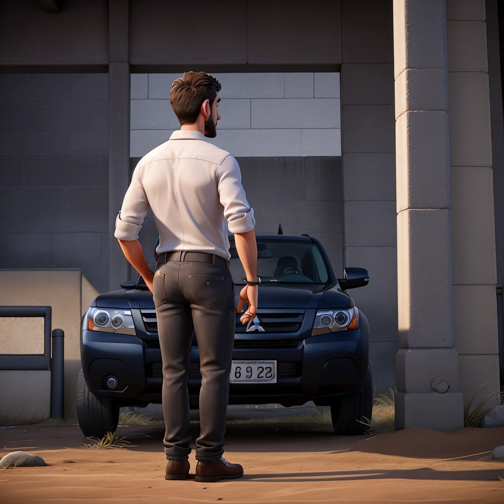 Create a digital painting  illusion for a profile picture where a men standing and looking towards the white car mitsubishi Pajero sport, car logo must be visible, full picture of the car and person. On a open field ,
back of the person.

