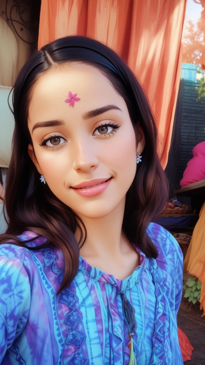 Foto hiperrealista en primer plano de Kelsey Asbille, dressed in a tie-dye maxi dress or a peasant blouse paired with bell-bottom jeans and fringe accessories. She wears a headband or flower crown in her long, flowing hair. The setting is a bohemian-inspired outdoor music festival or a peaceful nature backdrop, capturing the free-spirited and laid-back vibe of the era 60Retro69Punch75, beautiful woman, skinny, large big breasts, black long hair, detailed face, smile, facing the camera, photo taken from a distance, age of 25 years old