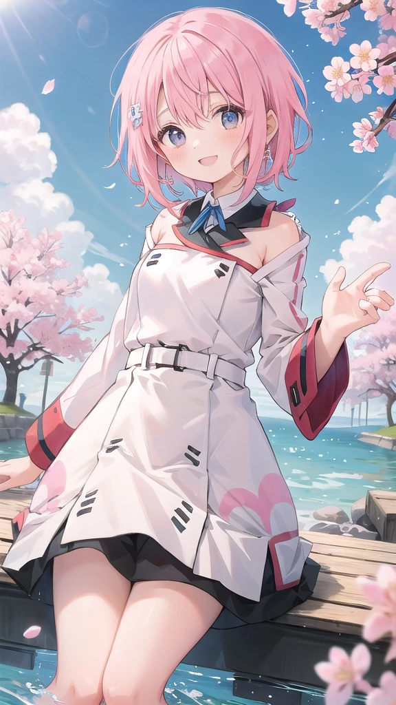 （high quality、最high quality）Nakano　Ichika、Asymmetrical Short Hair、Light pink hair、smile、School of the Future、cherry blossoms、