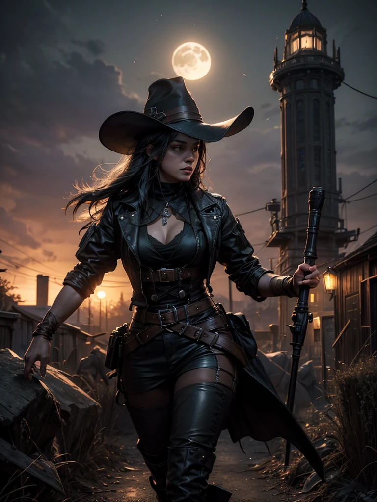 A woman bountin hunting, like van Helsing dressed, darker, hunting hat, in a dessert town, at the night, creatures on the air, on the houses. HDR, light and shadows, high details, photography style, wide view, not lights ath the night, only moon light. Cinematography style, master piece, cinematic illumination.
Hyperealismo, cinematic style, Ultra realism, HDR, cinematic lighting, unity rendering, high detail, 4k resolution, vfx effects.
