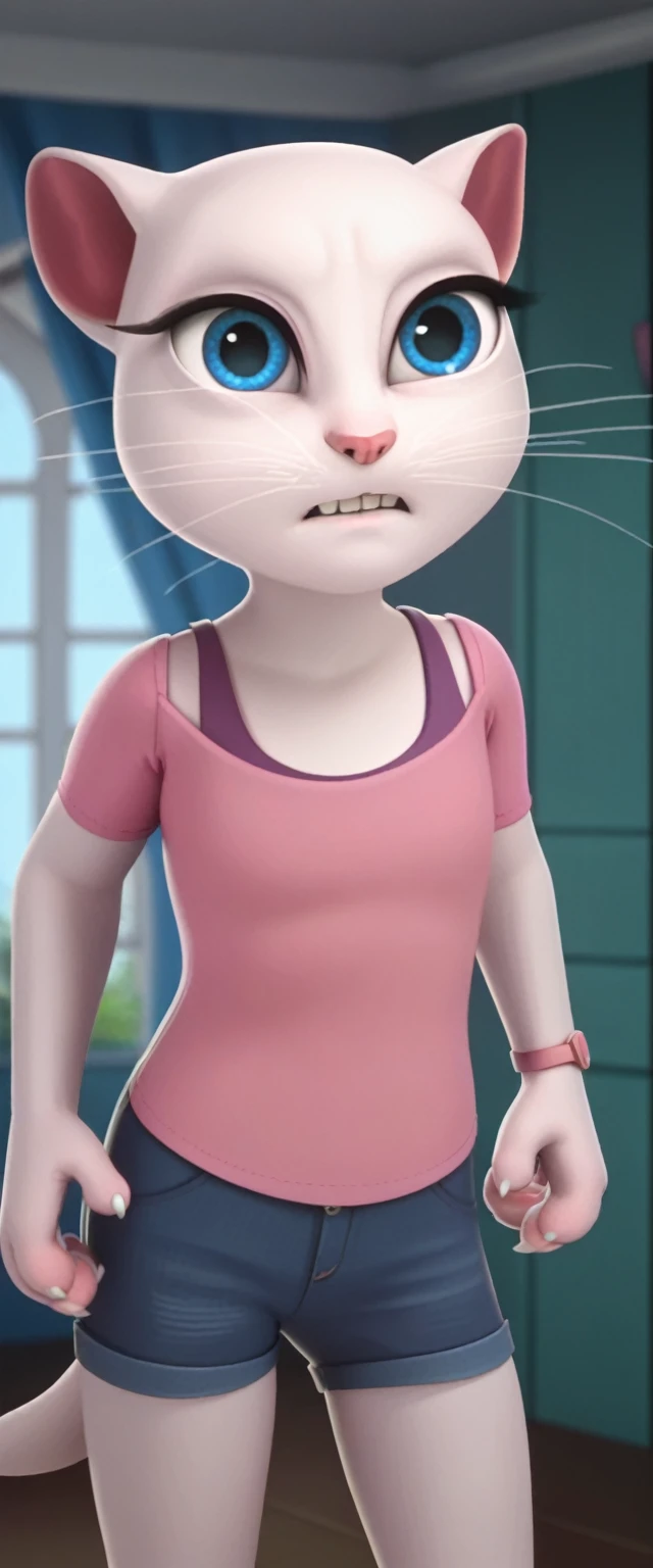 solo focus, a_la, 1girl, cat, white fur, long whiskers on both sides of the face, large bright blue eyes, large black eyelashes, small pink nose, triangular ears with pink channels, double, anal, backward staring, multiple penises in the ass, standing sex, score_9, score_8_up, score_7_up,
