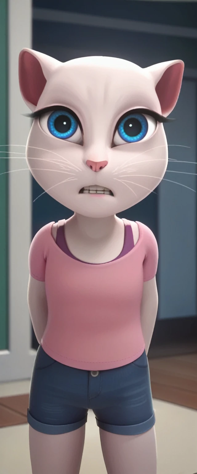 solo focus, a_la, 1girl, cat, white fur, long whiskers on both sides of the face, large bright blue eyes, large black eyelashes, small pink nose, triangular ears with pink channels, double, anal, backward staring, multiple penises in the ass, standing sex, score_9, score_8_up, score_7_up,
