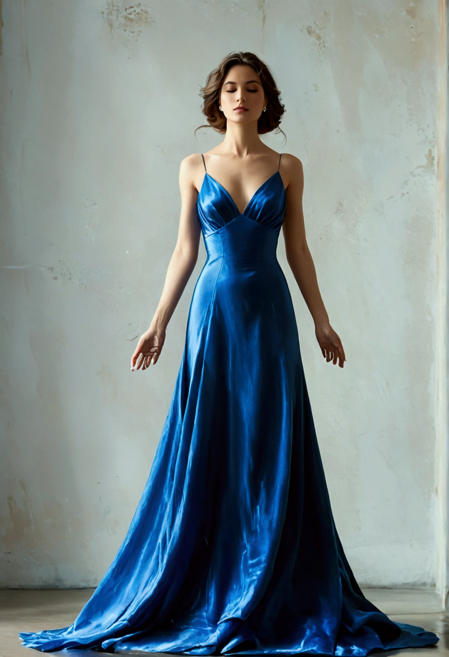 a standing woman, dressed in an elegant blue dress that falls to the floor. The fabric of the dress shines slightly, reflecting light with a subtle touch. She has her arms extended to the sides, creating a feeling of openness and freedom. His hands are clearly visible, showing long, delicate fingers with manicured nails. His feet are also visible, barefoot or with elegant shoes that complement the dress. The expression on his face is serene and confident., and her posture shows grace and elegance. The background is neutral, ensuring that the focus is on the woman and her outfit.