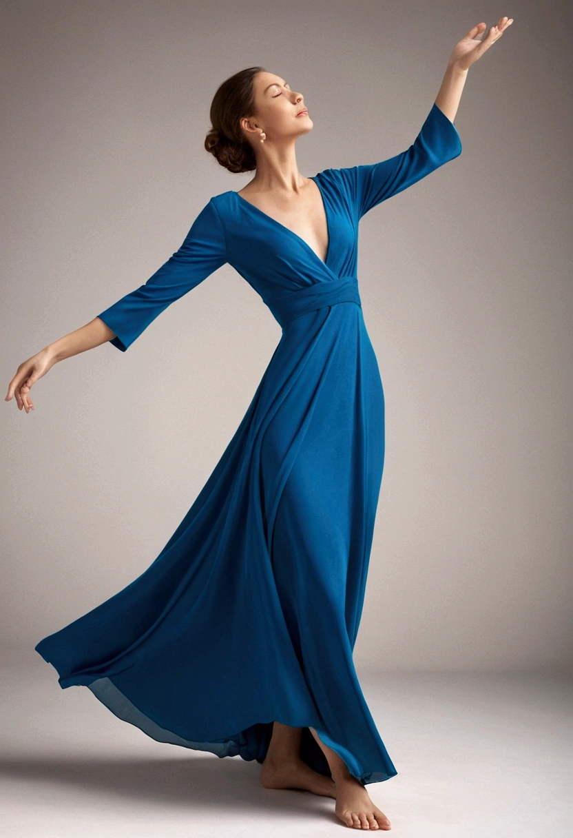 a standing woman, dressed in an elegant blue dress that falls to the floor. The fabric of the dress shines slightly, reflecting light with a subtle touch. She has her arms extended to the sides, creating a feeling of openness and freedom. His hands are clearly visible, showing long, delicate fingers with manicured nails. His feet are also visible, barefoot or with elegant shoes that complement the dress. The expression on his face is serene and confident., and her posture shows grace and elegance. The background is neutral, ensuring that the focus is on the woman and her outfit.