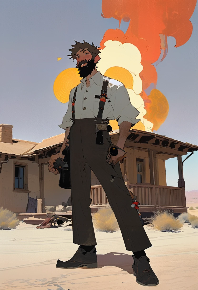 score_9, score_8_up, score_7_up, score_6_up, score_5_up, score_4_up, 2man, Western, gunslingers, dueling, Desert, red sun, scorching sun, arid, Horizon, far away, black wavy Messy hair, burnt hair, Leather apron, White button-down shirt, black pants patched, Failed beard, young adult, Thin, full body, Holding a Dynamite bomb, outside a house in the desert, Dirty with soot, Laughing, explosives, dynamite, Hunchback, Poorly groomed beard, failed beard, Fire, Embers, ashes