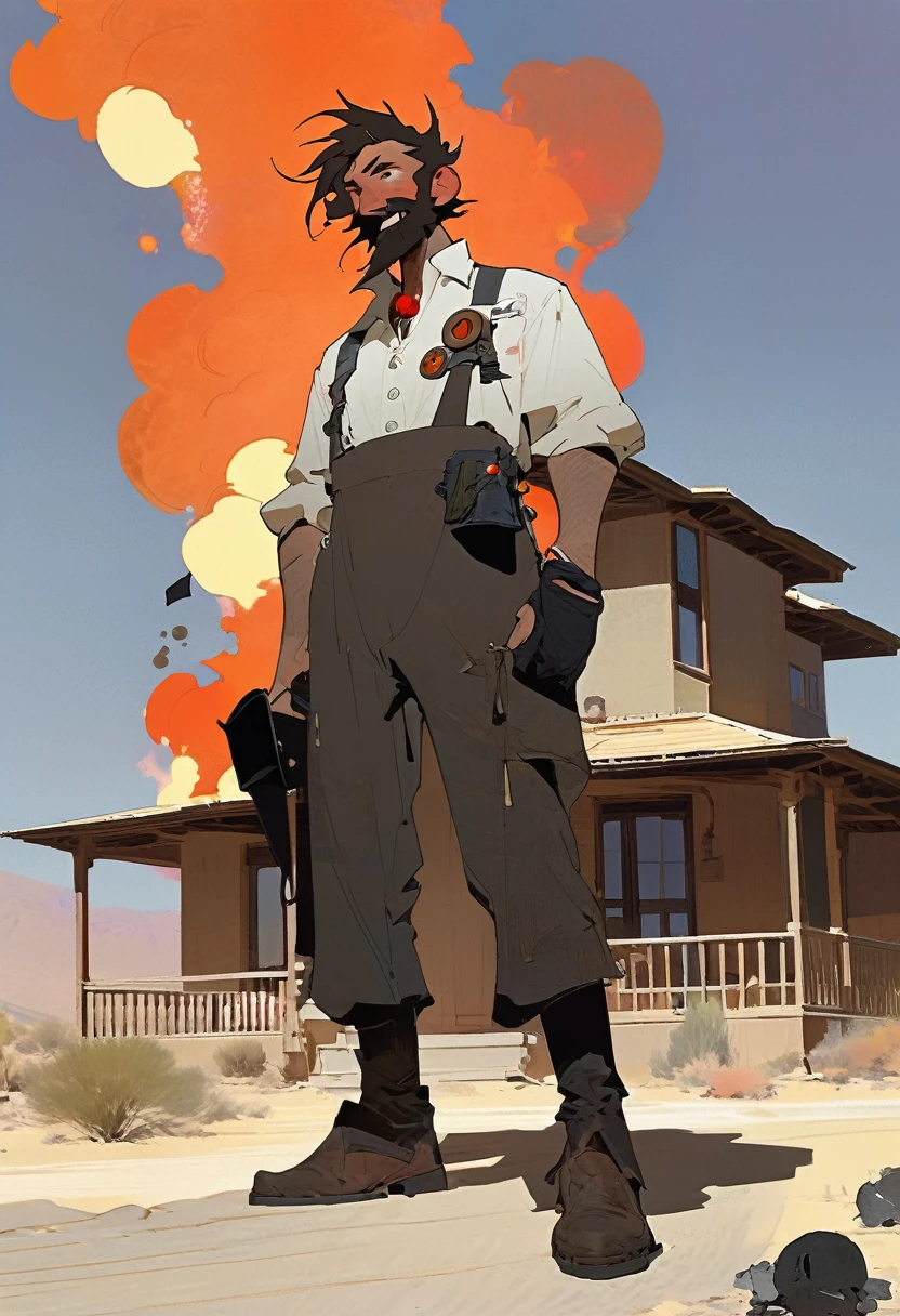 score_9, score_8_up, score_7_up, score_6_up, score_5_up, score_4_up, 2man, Western, gunslingers, dueling, Desert, red sun, scorching sun, arid, Horizon, far away, black wavy Messy hair, burnt hair, Leather apron, White button-down shirt, black pants patched, Failed beard, young adult, Thin, full body, Holding a Dynamite bomb, outside a house in the desert, Dirty with soot, Laughing, explosives, dynamite, Hunchback, Poorly groomed beard, failed beard, Fire, Embers, ashes