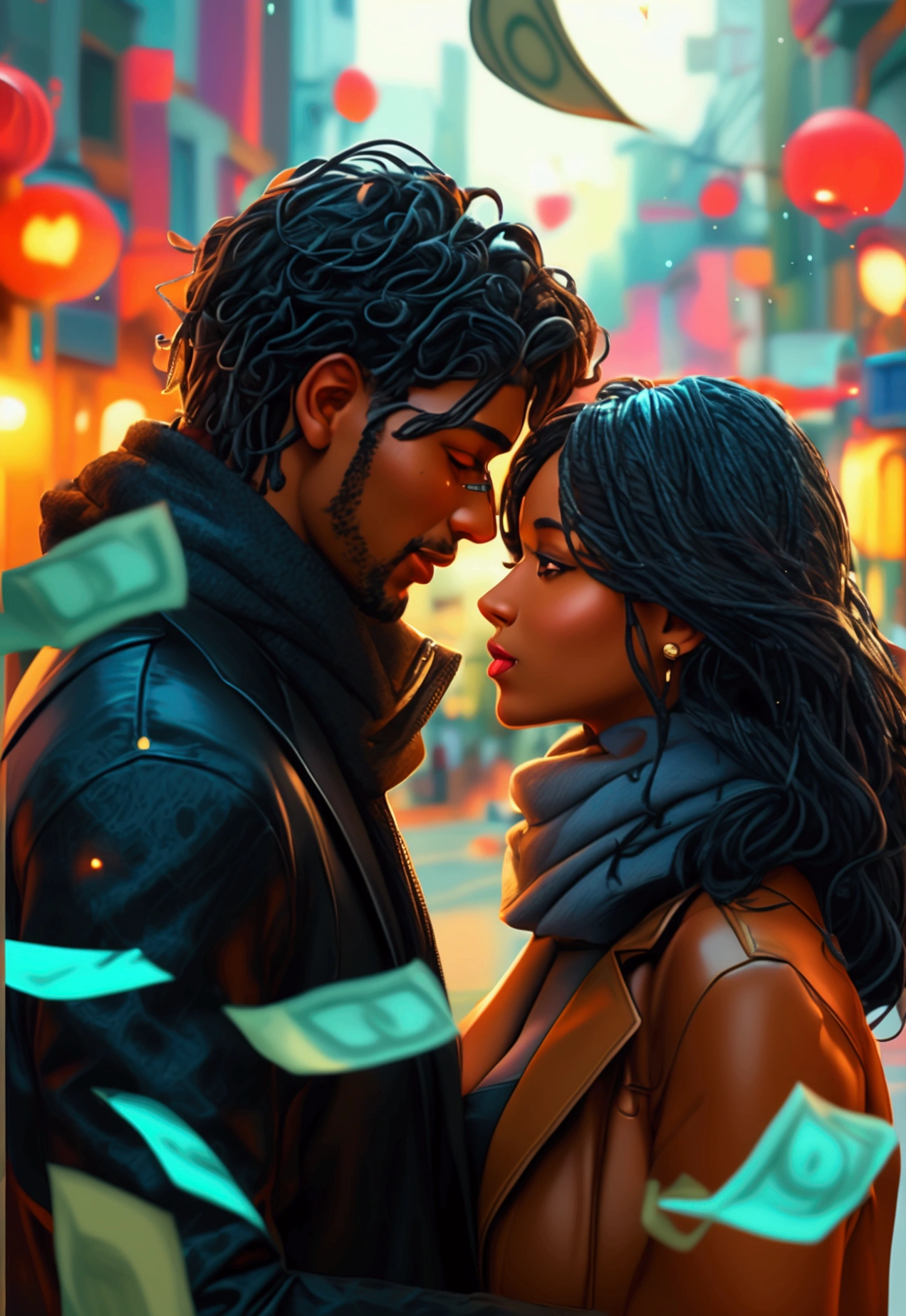 a romantic city in the background, a beautiful couple black man and latin woman, romantic posture, Casual clothes, many luxury and money bills in the air, hyperrealistic image, artistic, Surreal, 8k, imagen artistic