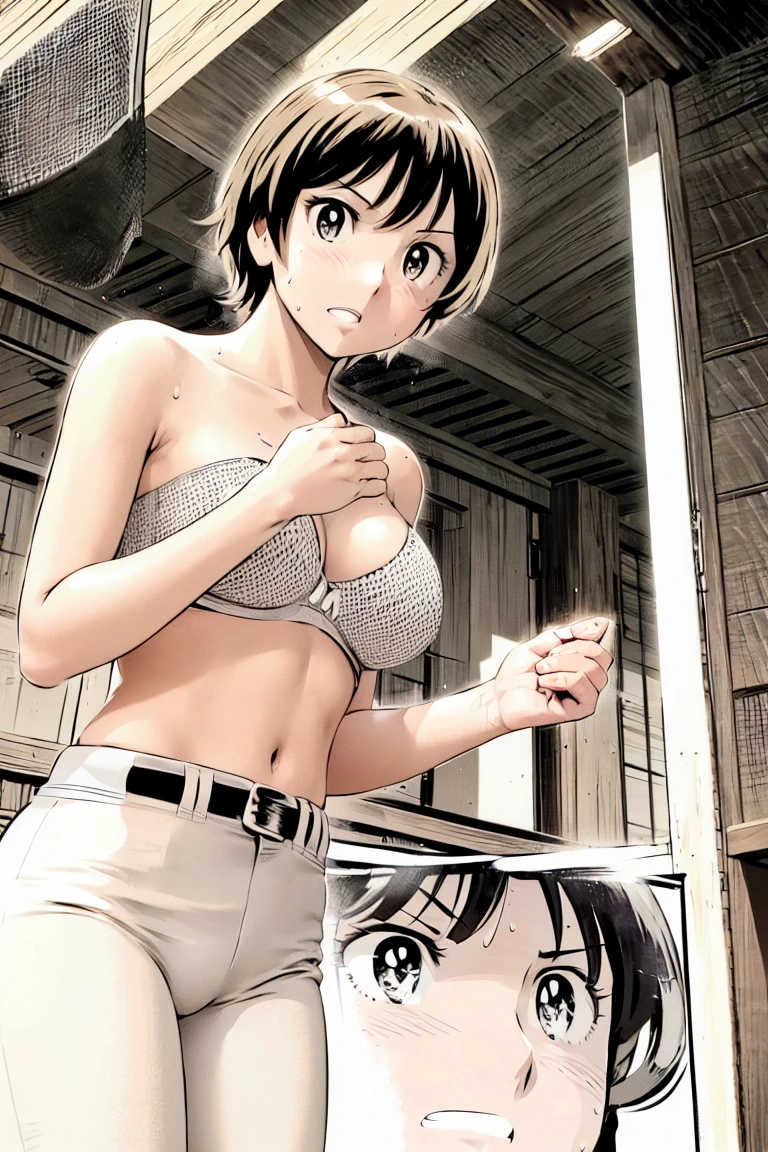 (Baseball uniforms:1.2),
blonde, (short hair:1.2),White trousers、Black belt、((Illustration of people))、Tube top bra、
View your viewers,, (Highest quality:1.3), White pants、Outdoor、baseball ground、ground、soil、blue eyeasterpiece、Highest quality)、Highest quality, Ultra-high resolution, (((masterpiece))), alone, Sweat、Big eyes、Large breasts、Torn clothes、 Fully exposed、Nipples、One Girl, Front view、Embarrassed face、Bronze colored hair、((short hair))、Stand up straight、Cowboy Shot