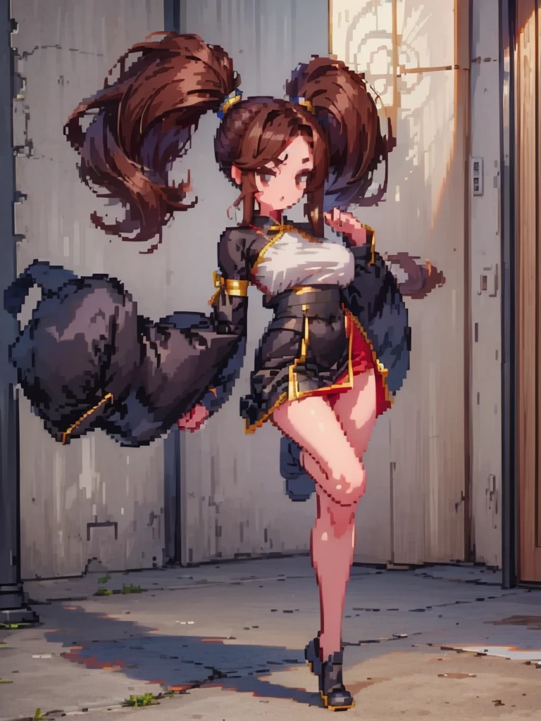 masterpiece, Highest quality, 8K, Pixel Art, ((One woman)), whole body, fine, fineな顔, Chinese clothing, Brown Hair, Ring-shaped hair, Twin tails, Roundhouse kick, legs raised high, kick trajectory, effect, 炎のeffect, 派手なeffect, Get a gacha character