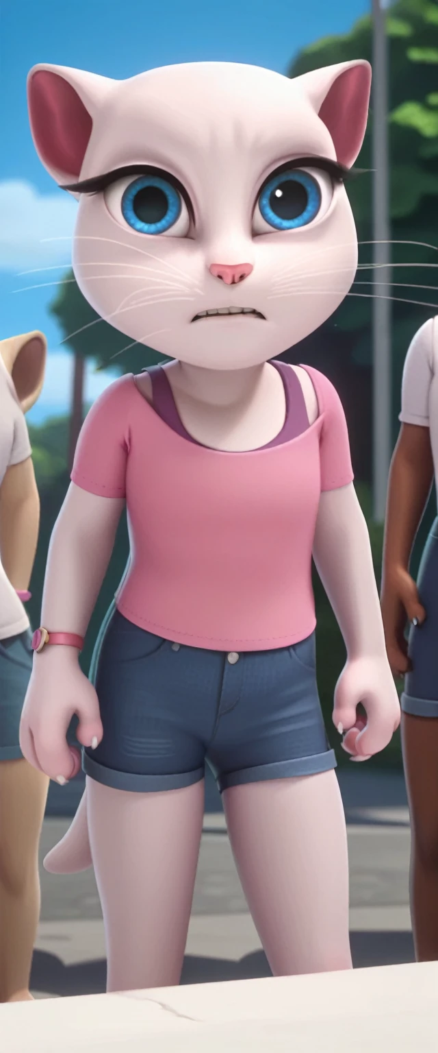 solo focus, a_la, 1girl, cat, white fur, long whiskers on both sides of the face, large bright blue eyes, large black eyelashes, small pink nose, triangular ears with pink channels, double, anal, backward staring, multiple penises in the ass, standing sex, score_9, score_8_up, score_7_up,j