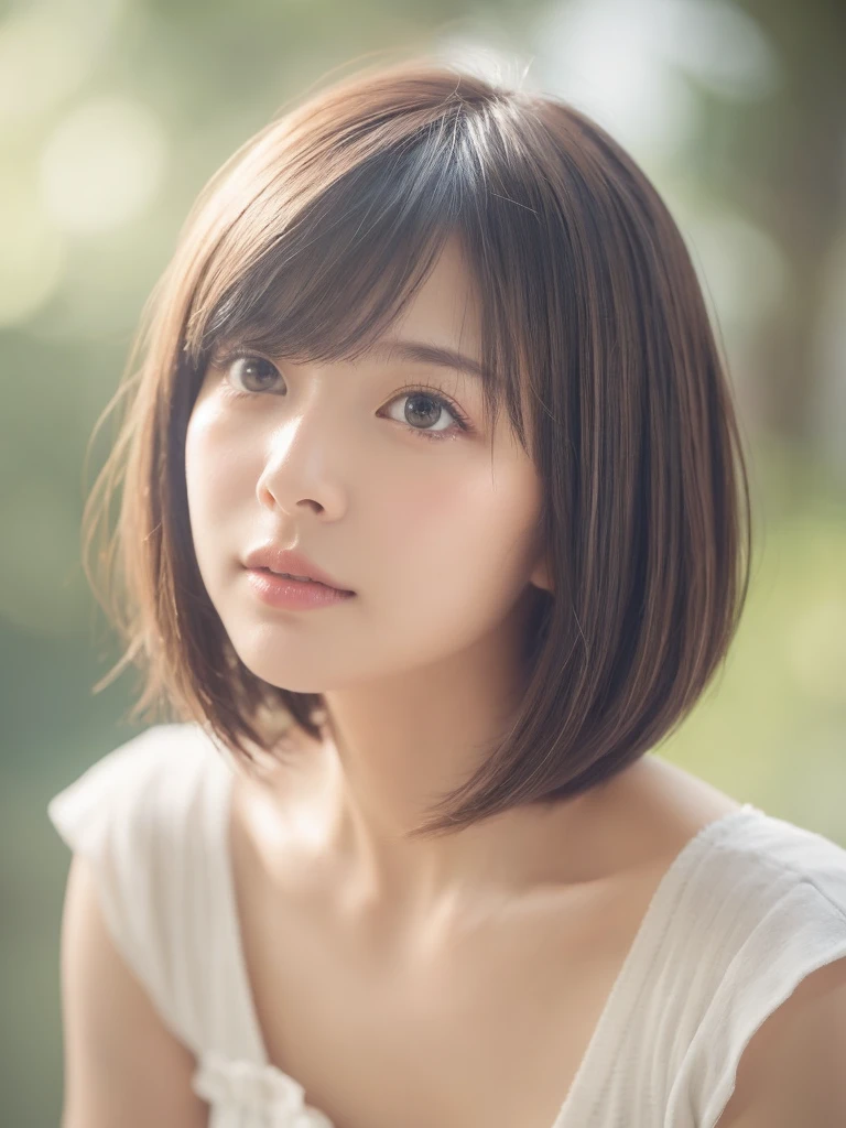 front view, 1 girl, cafe, overall, captivating and graceful, (realistic detailed eyes, natural skin texture, innocent expresion), intricate details, soft and dreamy lighting, pastel color palette, shallow depth of field, highly detailed, hyper-realistic, medium-format film camera, blurred background., bob cut、bob hair、short hair, japanese, fun pose