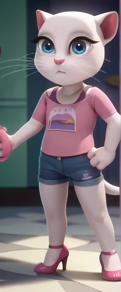 solo focus, a_la, 1girl, cat, white fur, long whiskers on both sides of her face, big bright blue eyes, big black eyelashes, pink nose, triangular ears with pink channels, high heels. The short jeans were ripped all the way down. Score_9, Score_8_up, Score_7_