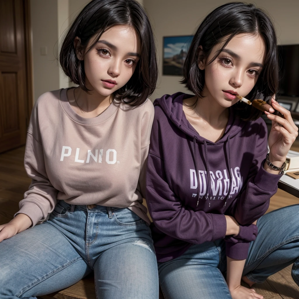 beautiful girl, BROWN SKIN, short black hair, big brown eyes, Delgado, dressed in a purple sweatshirt and tight jeans, Smoking a cigar