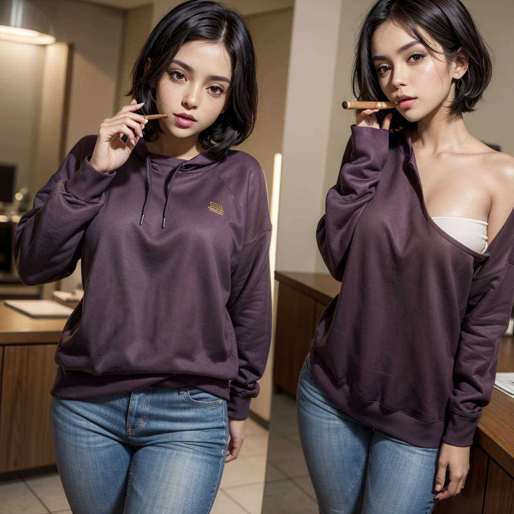 beautiful girl, BROWN SKIN, short black hair, big brown eyes, Delgado, dressed in a purple sweatshirt and tight jeans, Smoking a cigar